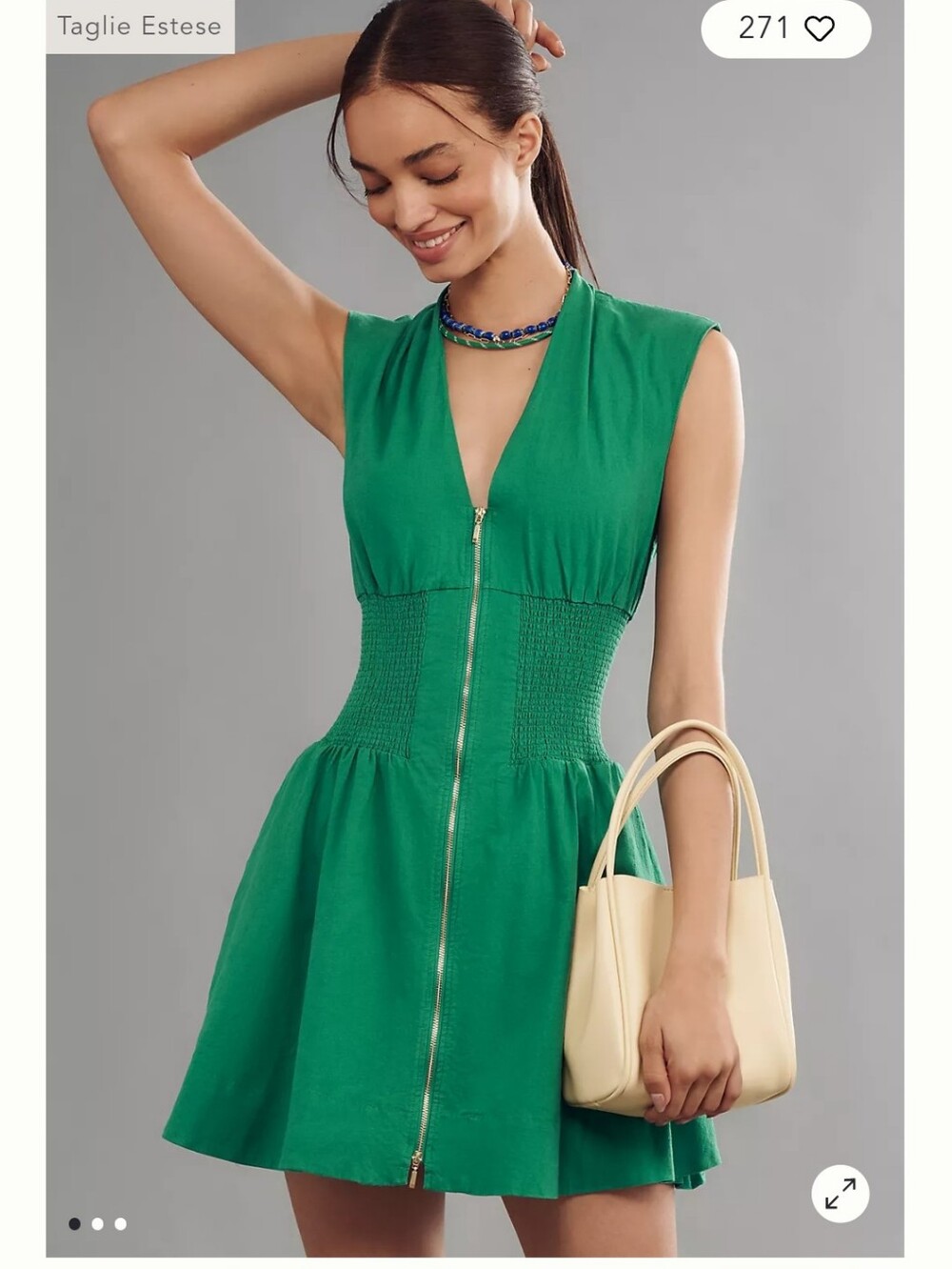 Anthropologie Tommie Cap-Sleeve Linen green Smocked Front-Zip Mini  Dress XL